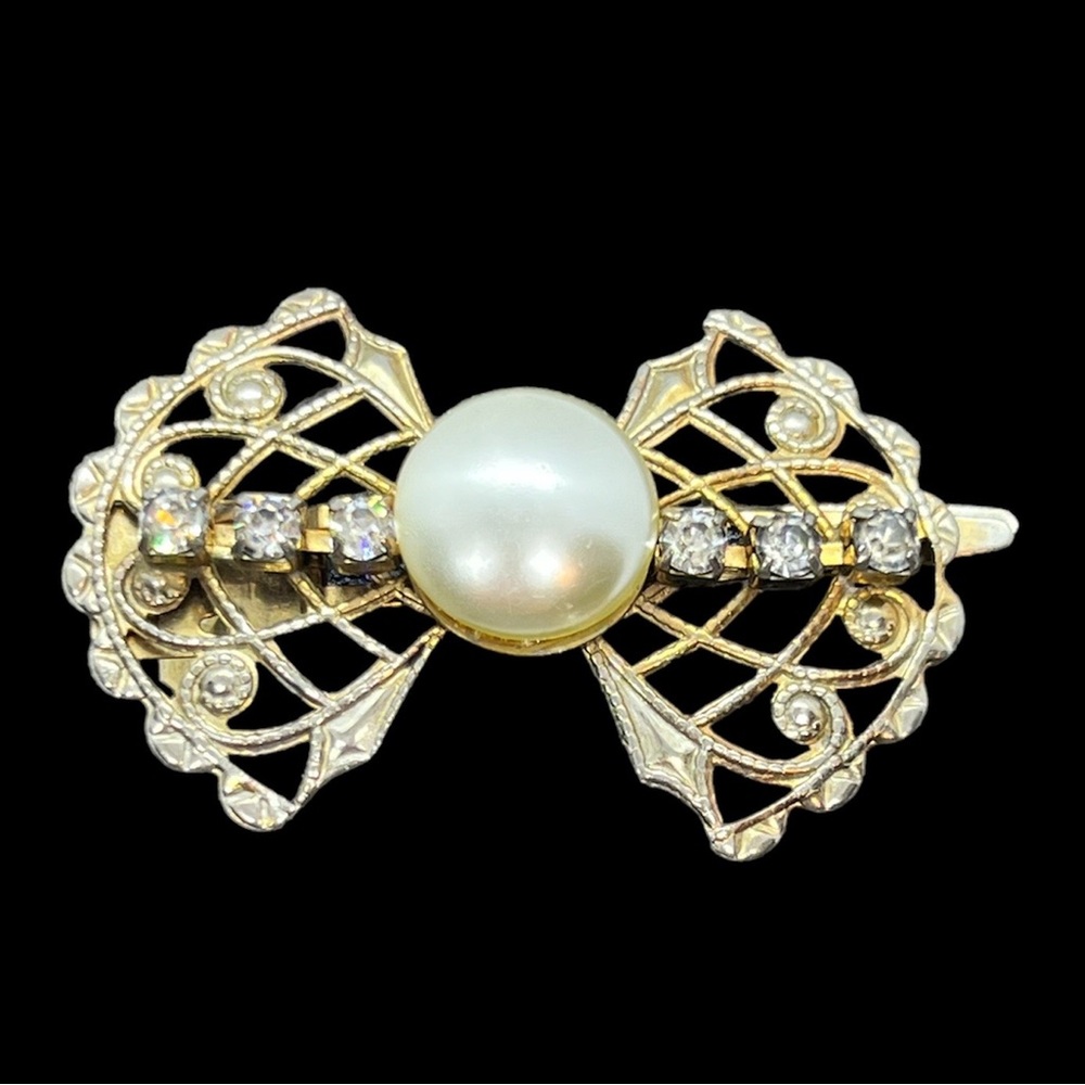 Lady Ellen vintage rhinestone faux pearl bow gold tone hair clip ornate